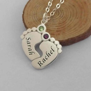 Personalized New Mom Necklace, Baby Feet Necklace with Birthstone,Baby Name Birthday Necklace,Custom Silver Baby Name Necklace For Mom