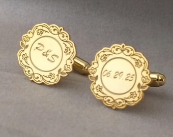 Personalized Wedding Cufflinks, Wedding Initials Cufflinks, Wedding Day Cufflinks, Custom Floral Cufflinks, Logo Cufflinks, Gift for Groom