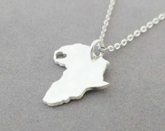 Personalized Africa Necklace, Silver Africa Necklace, Africa Shaped Necklace with Heart, Africa Charm Necklace, Africa Jewelry, Gift for her