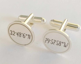 Silver Latitude Longitude Wedding Cufflinks, Coordinates Cufflinks for Groom,Engraved Coordinate Cuffl inks, Wedding Gift for Husband