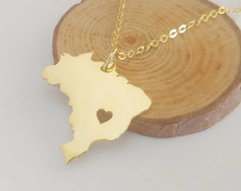 Personalized Brazil Necklace, Any Country Necklace, Brazil Shaped Necklace with Heart, Brazil Charm Necklace, Brazil Jewelry, Gift for her