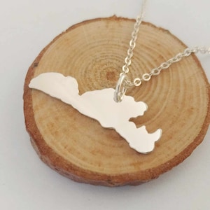 May include: A silver necklace with a pendant shaped like an island. The pendant is on a wooden surface.
