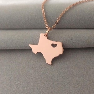 TX State Halskette Roségold, Texas State Halskette mit einem Herz, Zustand geformte Halskette, personalisierte Texas State Halskette 925 Sterling Silber