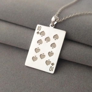 Silver 10 of Spades Playing Card Necklace, Custom Any Poker Necklace, Blackjack Lover Gift, Poker Lover Gift,Themed Decks of Cards Accessory