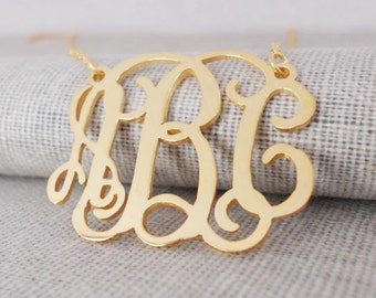 Gold Monogram Necklace,Gold Monogrammed Initial Necklace,Celebrity 3 initials Monogram Necklace,Nameplate Necklace Gold,Mother&#39;s Day Gift
