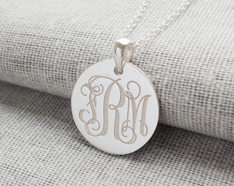 Sterling Silver Disc Monogram Necklace,Small 3 Initial Disk Necklace,Engraved Disc Pendant,Initial Disk Necklace,Celebrity Circle Necklace