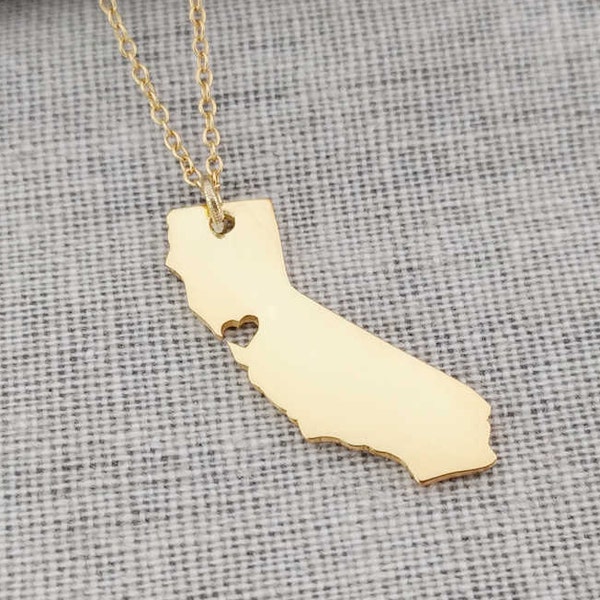 Gold California State Necklace With A Heart,CA State Shaped Necklace,State Charm Necklace ,Personalized State Necklace of California