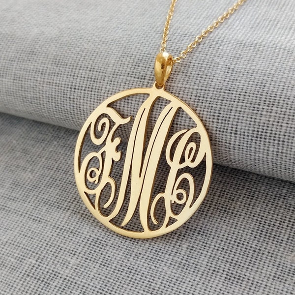 Collana Monogramma d'oro, collana Monogramma iniziale 3, Cerchio monogrammato con targhetta a tre lettere, Regali monogrammati, gioielli personalizzati