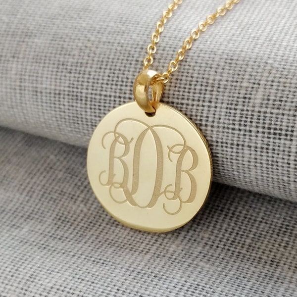 3 Initials Monogram Necklace Gold, Monogram Children Initials Necklace,Engraved Disc Pendant,Initial Disk Necklace,Celebrity Circle Necklace