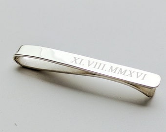 Roman Numeral Tie Clip,Date Tie Bar Clip,Sterling Silver Tie Pin,Wedding Day Tie Clip,Engraved Tie Clip, Custom Groomsmen Gift,Birthday Gift