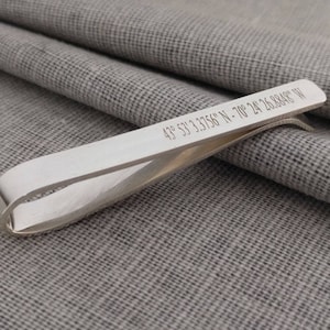 Latitude longitude Tie Clip,Engraved Coordinates Tie Clip,Sterling Silver Wedding Tie Bar,Tie Clip Personalize,Custom Groomsmen Tie Clip,