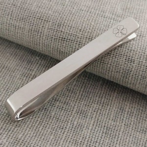 Four Leaf Clover Tie Clip, Custom Tie Tack,Silver Tie Bar,Engraving Logo Tie Bar Clip,Grooms Gift, Groomsman Gift,Wedding Keepsake