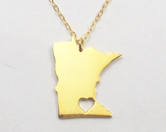 Minnesota State Necklace, MN State Charm Necklace ,State Shaped Necklace,Personalized MN State Necklace 925 Sterling Silver With A Heart