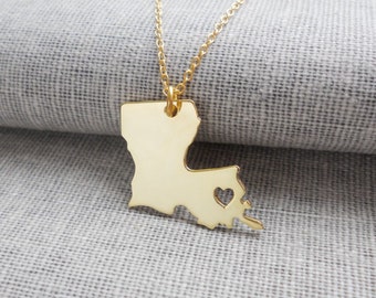 Collier personnalisé Louisiana State Gold, LA State Charm Necklace ,State Shaped Necklace,Collier personnalisé Louisiana State avec un cœur