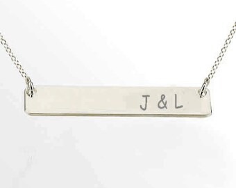 Silver Initial Bar Necklace,Two initial Bar Necklace,Engraved Name Pandent,Horizontal Bar Jewelry,Custom Bar Necklace,Any Word Necklace