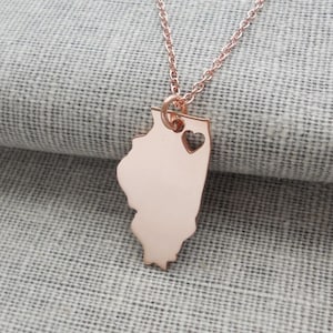 Naszyjnik ze Złotego Różowego Stanu Illinois, Naszyjnik z Wisiorkiem Stanowym IL, Naszyjnik W Kształcie Stanu, Personalizowany Naszyjnik Stanowy Illinois Srebrny Z Sercem