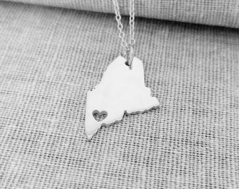 State of Maine Necklace,ME State Necklace with A Heart,Maine State Love Necklace ,Custom Maine State Necklace Silver,Maine State Jewelry