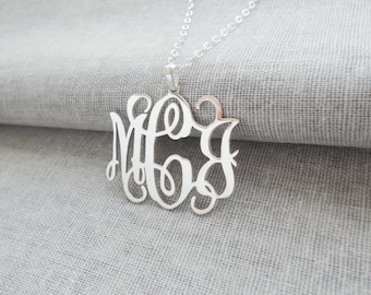 Personalized  Necklace 2 inch,Silver Custom Monogram Necklace,3 Initials Charm Necklace,Nameplate Pendant,Large Monogram,Bridesmaids Gifts