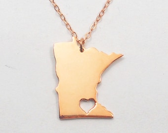 Rose Gold Minnesota State Necklace, State Shaped Necklace,MN State Charm Necklace With A Heart ,Personalized MN State Necklace
