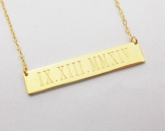 Roman Numeral Bar Necklace, Wedding Date Gold Plated Bar Necklace,Engraved Horizontal Bar Necklace,Contemporary Bridesmaid's Jewelry