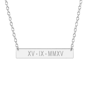 Roman Numerals Necklace, Engraved Horizontal Bar Necklace,Personalized Wedding Date Bar Necklace, Silver Bar Necklace,Kim Kardashian