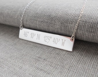 Engraved Coordinates Necklace,Silver Bar Necklace,Latitude longitude necklace,Horizontal Bar Jewelry,Custom Bar Necklace,Location Necklace