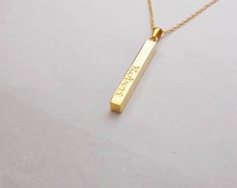 Collar de barra vertical dorada, collar de barra grabada, collar de barra larga de plata con fecha, collar de barra personalizado