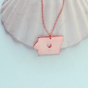 Iowa Necklace Rose Gold,Iowa State Necklace,IA Charm Necklace,Iowa Heart Necklace,Custom Iowa State Necklace,Iowa Necklace with A Heart