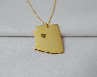 Gold AZ State Necklace with A Heart, Arizona State Charm ,State Shaped Necklace,Personalized Arizona State Jewelry 925 Sterling Silver