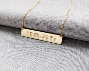 Gold Bar Necklace,Latitude longitude necklace,Engraved Coordinates Necklace,Horizontal Bar Jewelry,Custom Bar Necklace,Location Necklace