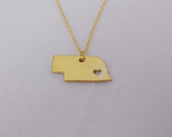 State of Nebraska Necklace Gold Plate,NE State Shaped Necklace with A Heart,Nebraska State Love Necklace,Personalized Nebraska State Jewelry