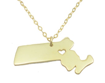 Gold Massachusetts Necklace,MA State Necklace with A Heart,Massachusetts State Love Necklace ,Custom Massachusetts State Necklace Silver