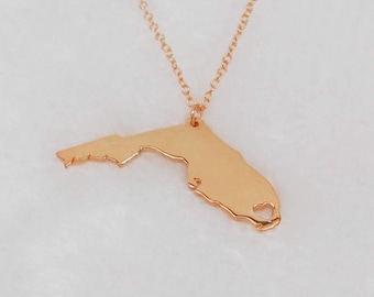 Florida State Necklace Rose Gold, FL State Charm Necklace ,State Shaped Pendant,Custom Florida State Necklace With A Heart