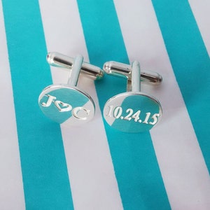 Personalized  Cufflinks For Groom,Silver Initials and Date Cufflinks,Wedding Heart Cufflinks ,Father of the Bride Initials Groomsman Gift