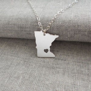 Sterling Silver Minnesota Shaped State Necklace, MN State Charm Necklace ,State Shaped Pendant,Personalized MN State Necklace With A Heart