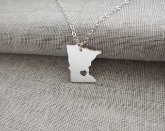 Sterling Silver Minnesota Shaped State Necklace, MN State Charm Necklace ,State Shaped Pendant,Personalized MN State Necklace With A Heart