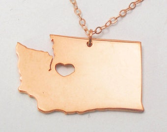 Washington State Necklace With A Heart, WA Map Necklace ,Personalized Washington State Necklace Rose Gold plated State Necklace
