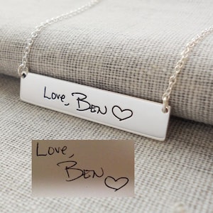Collar conmemorativo con escritura a mano, collar con barra de escritura a mano, collar con firma grabada, &quot;Te amo más&quot;, collar con barra conmemorativa personalizado