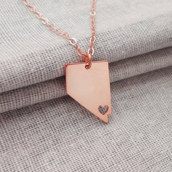 Rose Gold Nevada State Necklace With A Heart,NV State Charm Pandent,State Shaped Necklace,Personalized Nevada State Jewelry