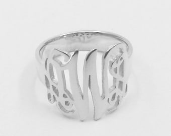 Initiale de bague monogramme en argent, bague découpée 3 initiales personnalisées, bague en argent sterling 925 massif 0,6 po., cadeau d'anniversaire