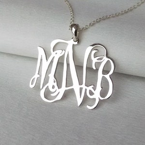 Bridesmaids Gifts,Silver Monogram Necklace,Silver Initials Necklace 1.25 inch,3 Initial Necklace Charm,Nameplate Necklace