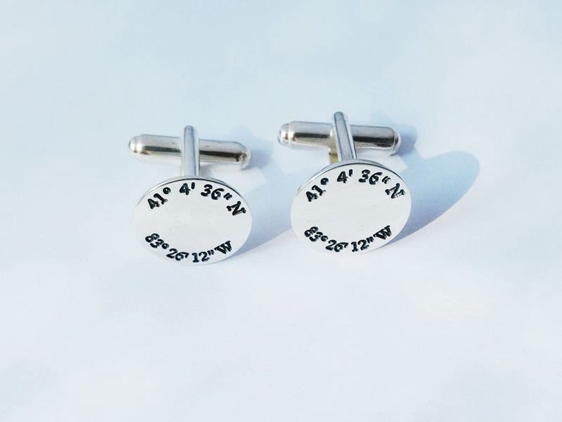 Silver Latitude Longitude Wedding Cufflinks,Coordinates Cufflinks for Groom,Personalized Wedding Cufflinks,Engraved Coordinate Cuffl inks image 1