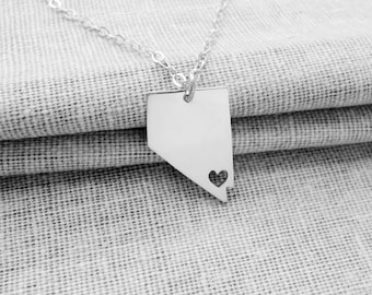 Custom Nevada State Necklace Silver,NV State Charm Necklace ,State Shaped Necklace,Personalized Nevada State Necklace With A Heart