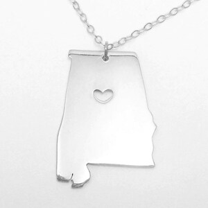 Silver Alabama State Necklace With A Heart,AL State Charm Necklace ,State Shaped Necklace,Personalized Alabama State Necklace