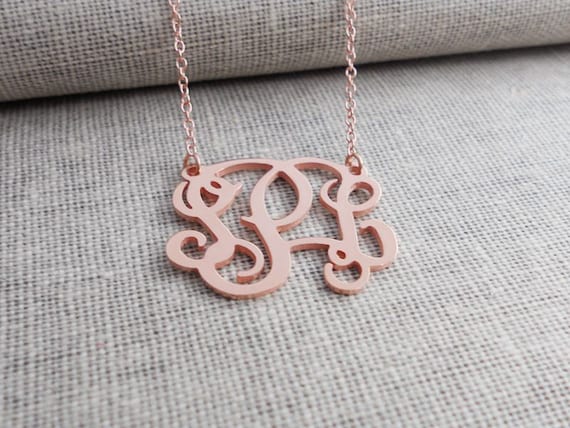 3 Initials Necklace Rose Gold 1.25 Inch Rose Gold Monogram Necklace monogram Initials Jewelry bridesmaids Gift monogrammed Gift Etsy