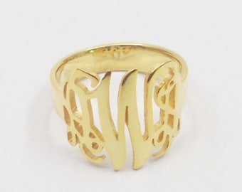 Initiale de bague monogramme en or, 3 bagues découpées personnalisées, bague en argent sterling 925 massif de 0,6 po., cadeau d'anniversaire, bijoux bague monogramme