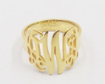 Gold Monogram Ring Initial, Cut Out 3 Initial Ring Personalized, 0.6" Solid 925 Sterling Silver Ring,Birthday Gift,Monogram Ring Jewelry