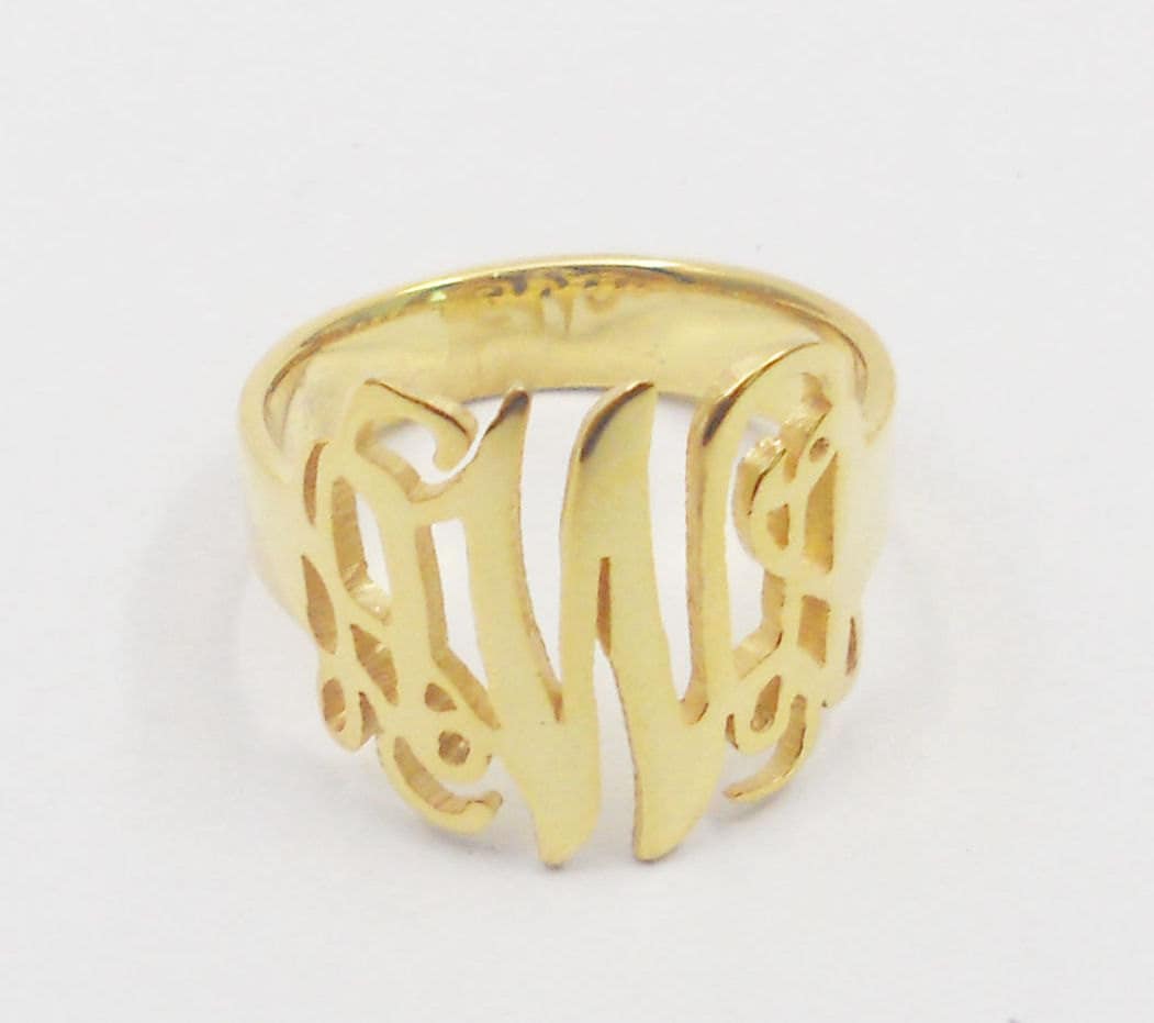Gold Monogram Ring Initial, Cut Out 3 Initial Ring Personalized, 0.6 ...