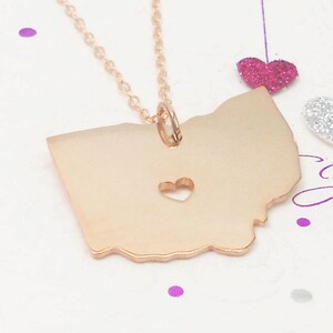 Ohio State Charm Necklace Rose Gold,Ohio State Necklace,OH State Shaped Necklace With A Heart,Personalized State Necklace,Ohio State Jewelry