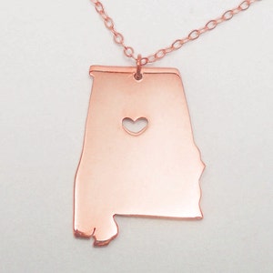 Rose Gold Alabama State Necklace With A Heart,AL State Charm Necklace ,State Shaped Necklace,Personalized Alabama State Necklace